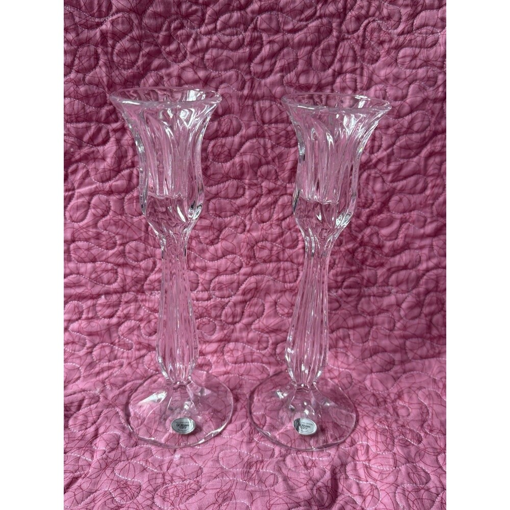 2 Gorham Full Lead Crystal Candlestick Holder Tulip Pattern Made In Germany 8”